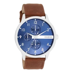 Silver coloured OOZOO watch with cognac leather strap - C11306