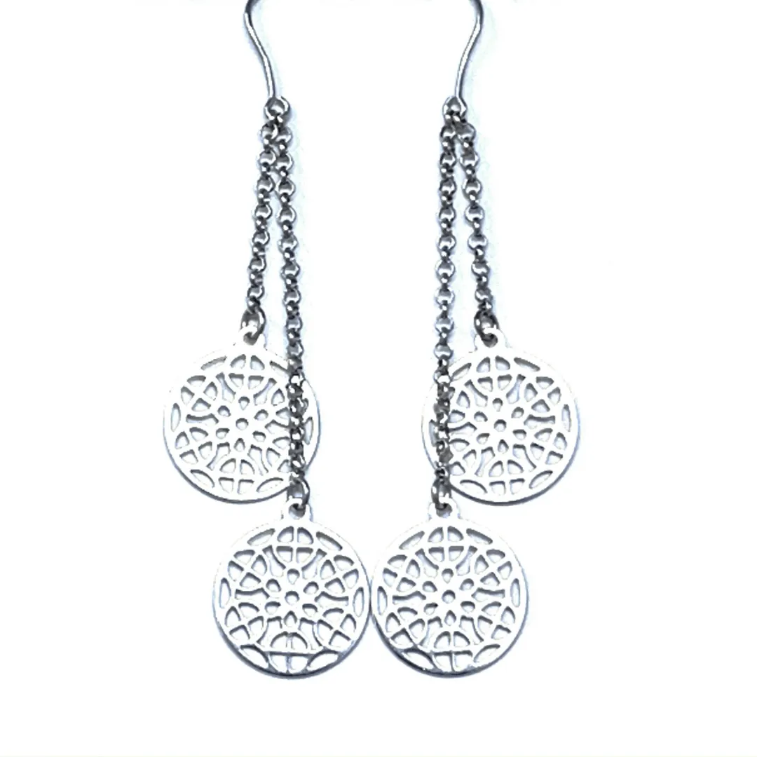 Sterling Silver Chain Circle Filigree Dangle Earrings