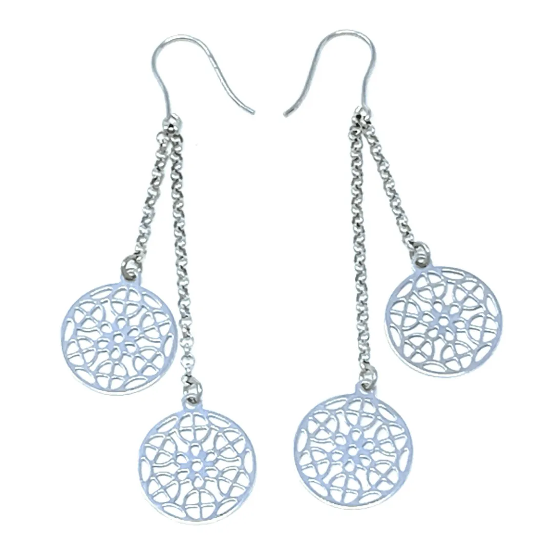 Sterling Silver Chain Circle Filigree Dangle Earrings
