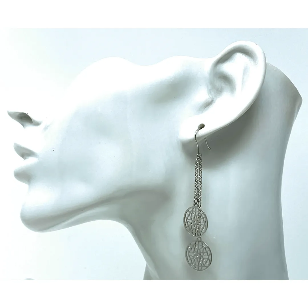 Sterling Silver Chain Circle Filigree Dangle Earrings