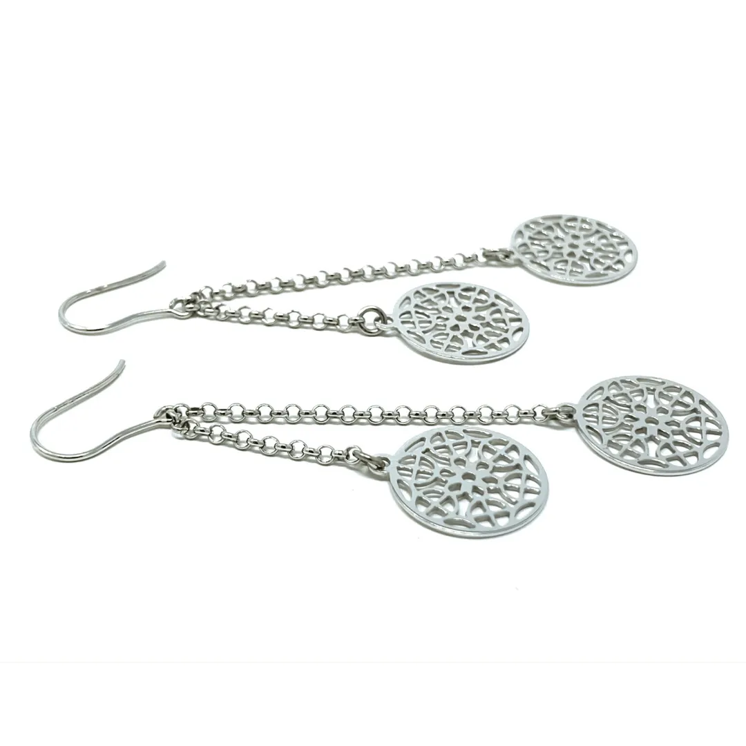 Sterling Silver Chain Circle Filigree Dangle Earrings
