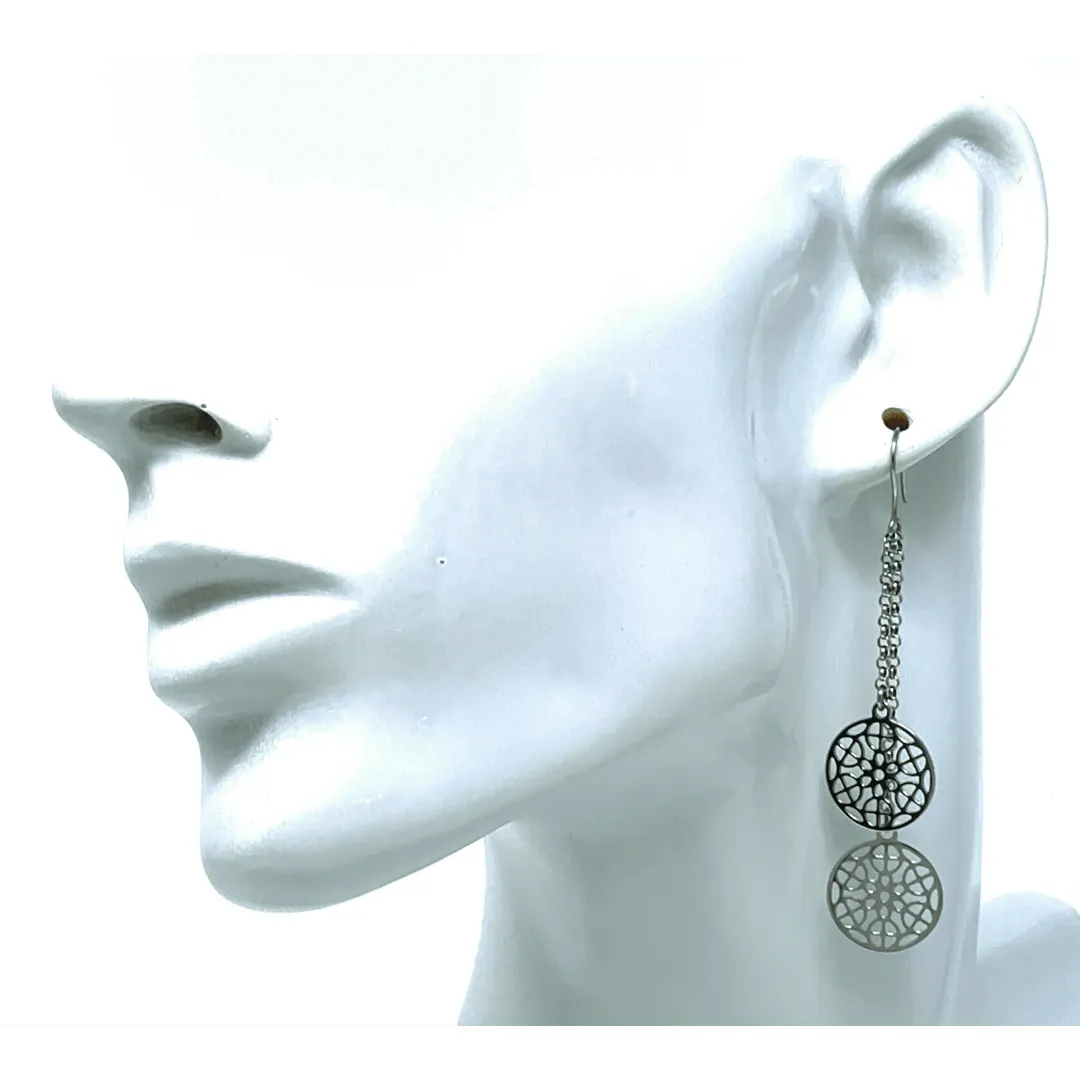 Sterling Silver Chain Circle Filigree Dangle Earrings