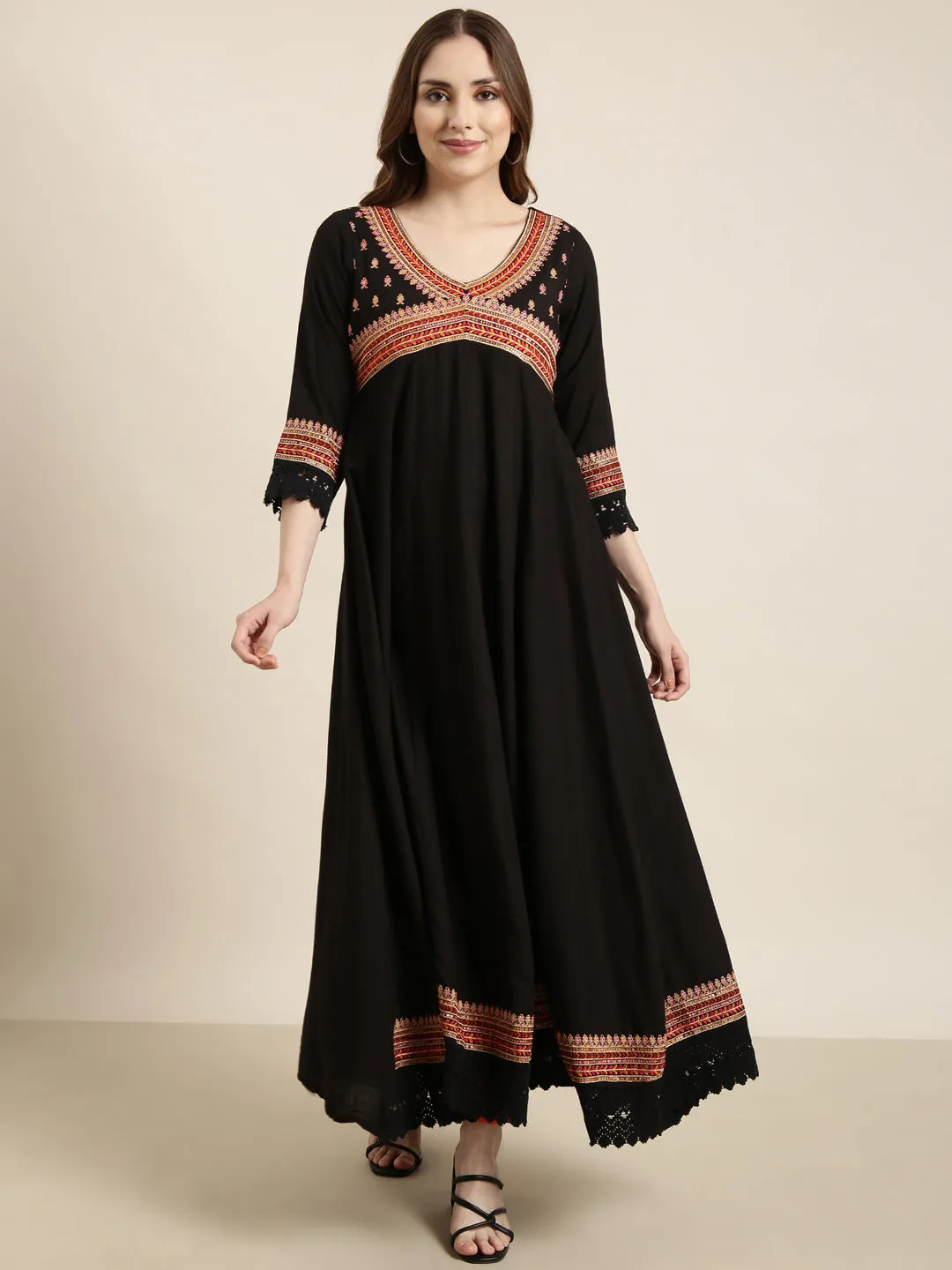 Women Anarkali Black Embellished Kurta