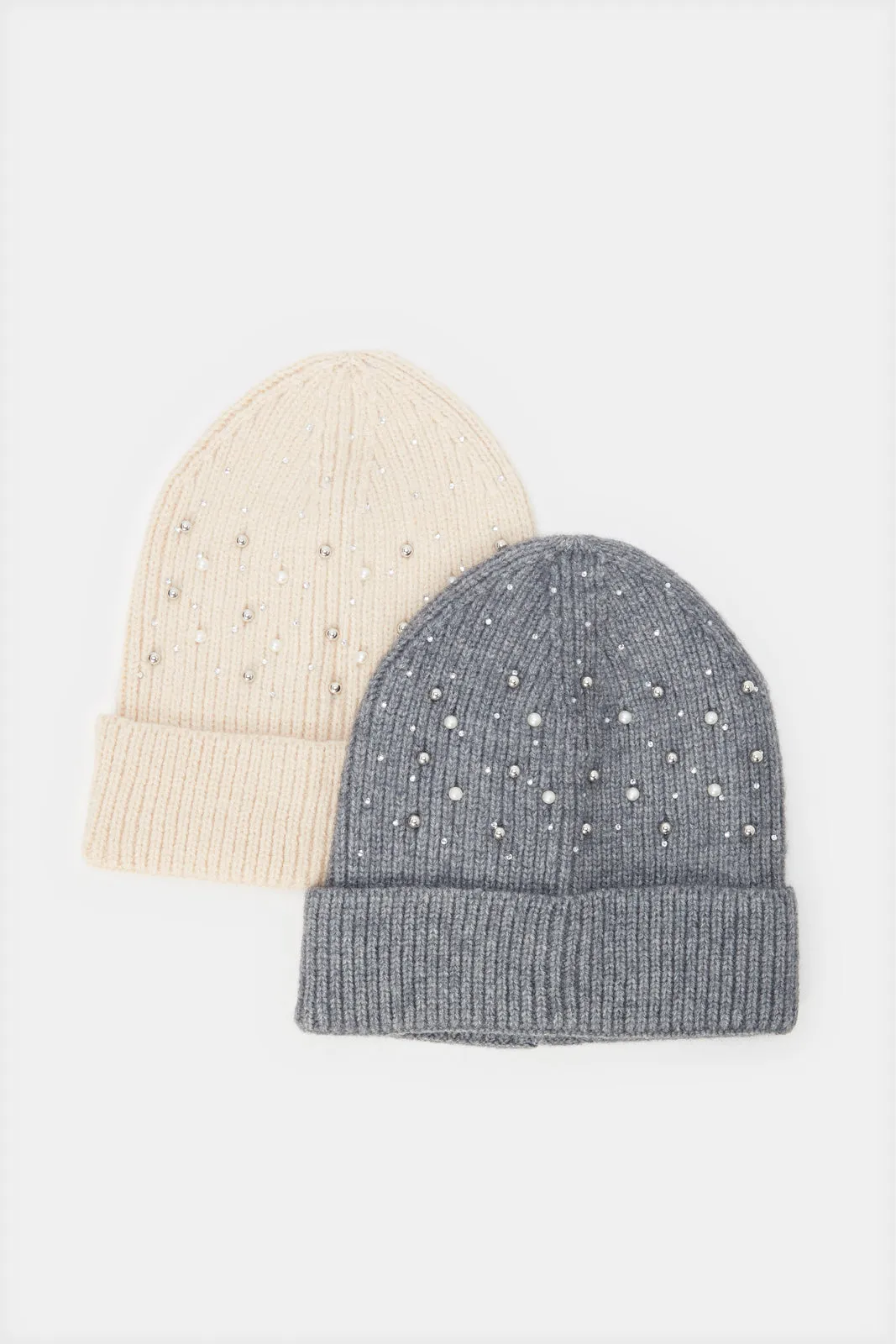 Women Beige And Grey Embellished Knitted Cap Set (Pack of 2)