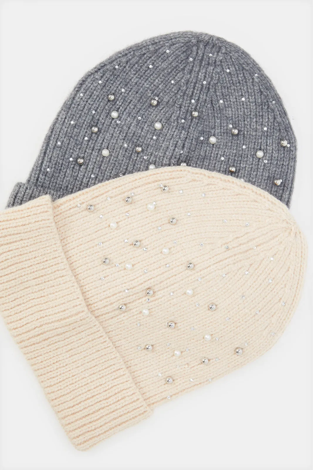 Women Beige And Grey Embellished Knitted Cap Set (Pack of 2)
