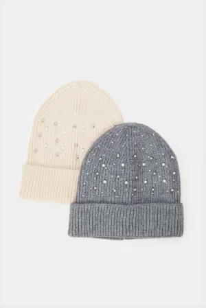 Women Beige And Grey Embellished Knitted Cap Set (Pack of 2)