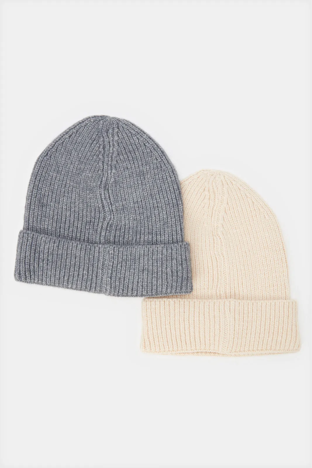 Women Beige And Grey Embellished Knitted Cap Set (Pack of 2)