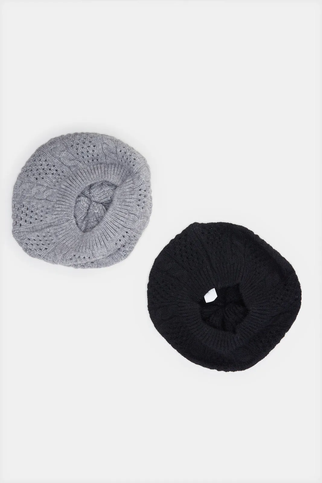 Women Black And Grey Embellished Knitted Cap Set (Pack of 2)
