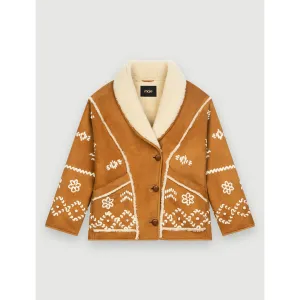Women Fully Embroidered Shearling Coat - Camel