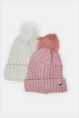Women Pink And White Embellished Knitted Cap Set  (Pack of 2)
