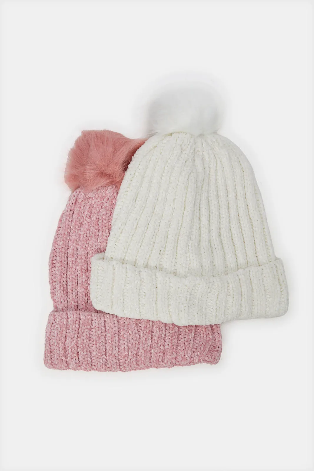 Women Pink And White Embellished Knitted Cap Set  (Pack of 2)