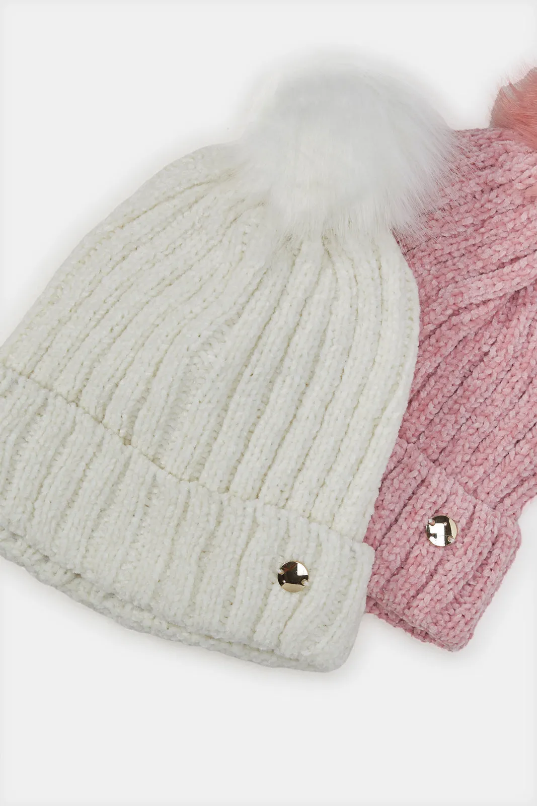Women Pink And White Embellished Knitted Cap Set  (Pack of 2)