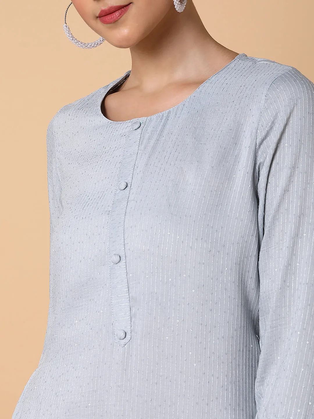 Women Solid Sequins Grey Straight Kurta
