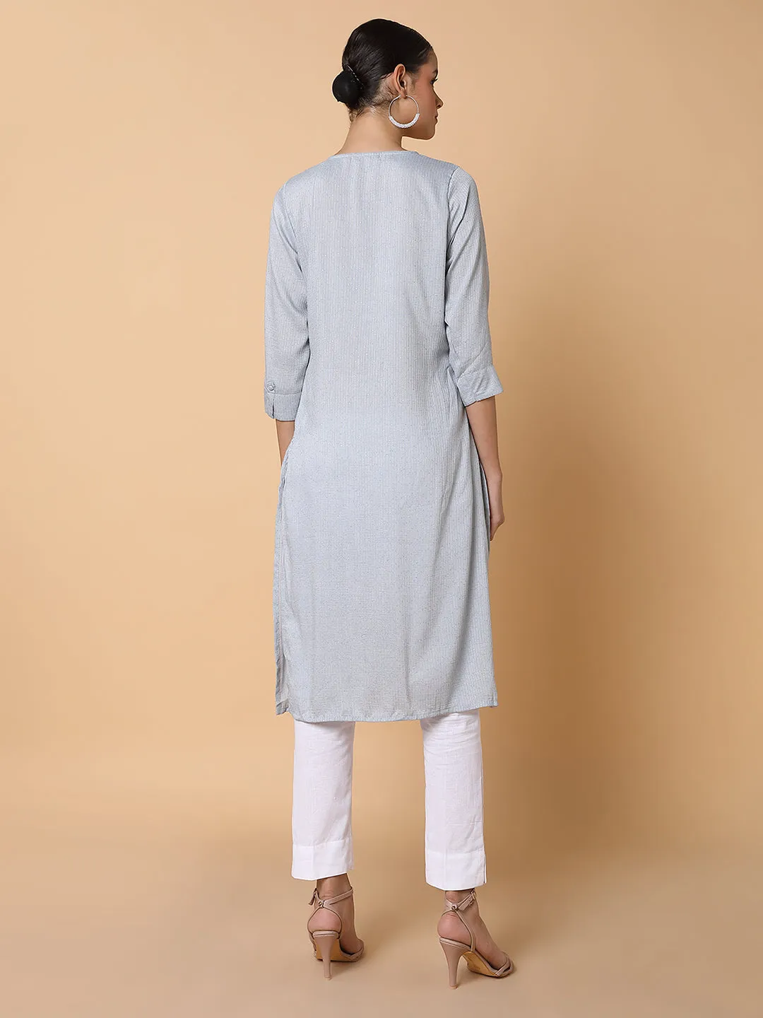 Women Solid Sequins Grey Straight Kurta