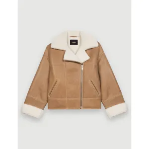 Women Two-Tone Shearling Coat - Camel