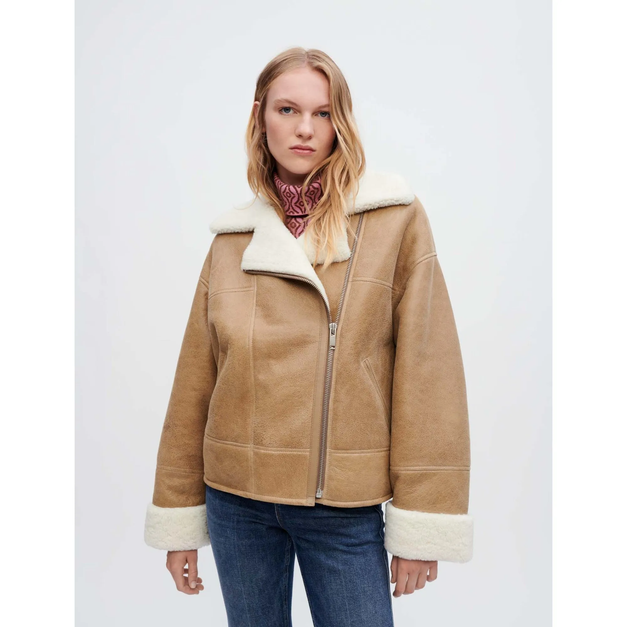 Women Two-Tone Shearling Coat - Camel