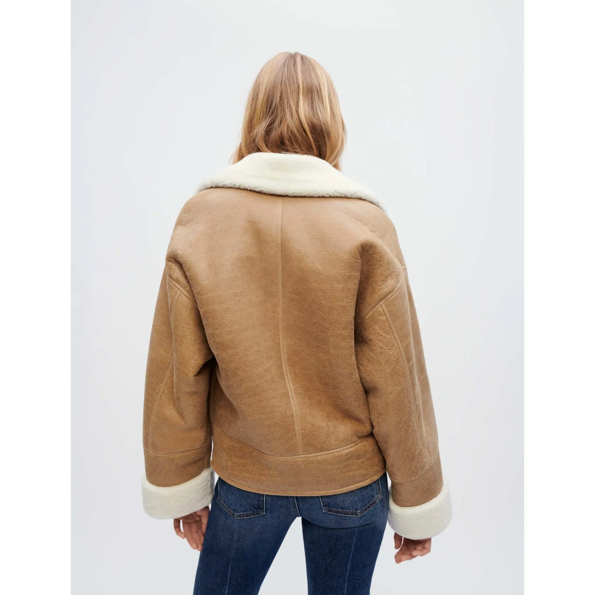 Women Two-Tone Shearling Coat - Camel