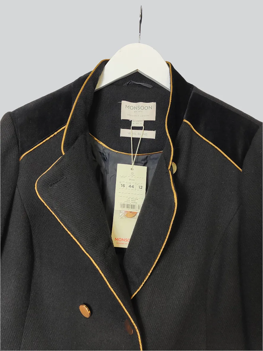 Women's Military Jacket Wool Blend Double Breasted Coat in Black UK-16 (44)